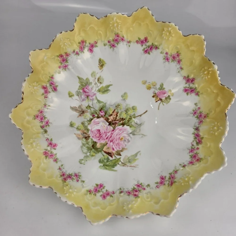 Antique Austria STAR Porcelain Bowl Yellow Rose Scalloped‎ Embossed Gold Gilt